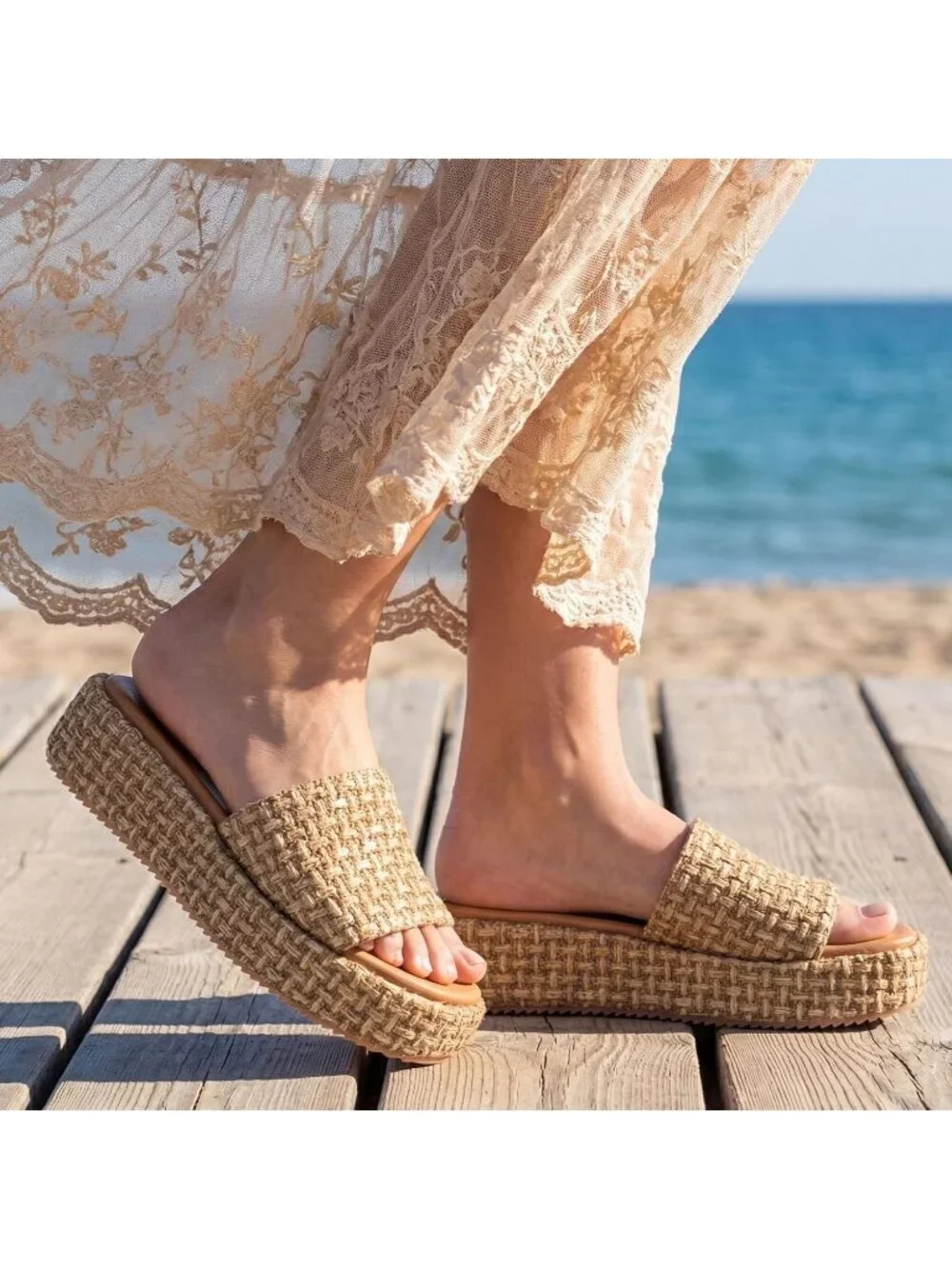 Women's Coffee Rubber Woven Straw Beach Slip On Comfortable Casual Platform